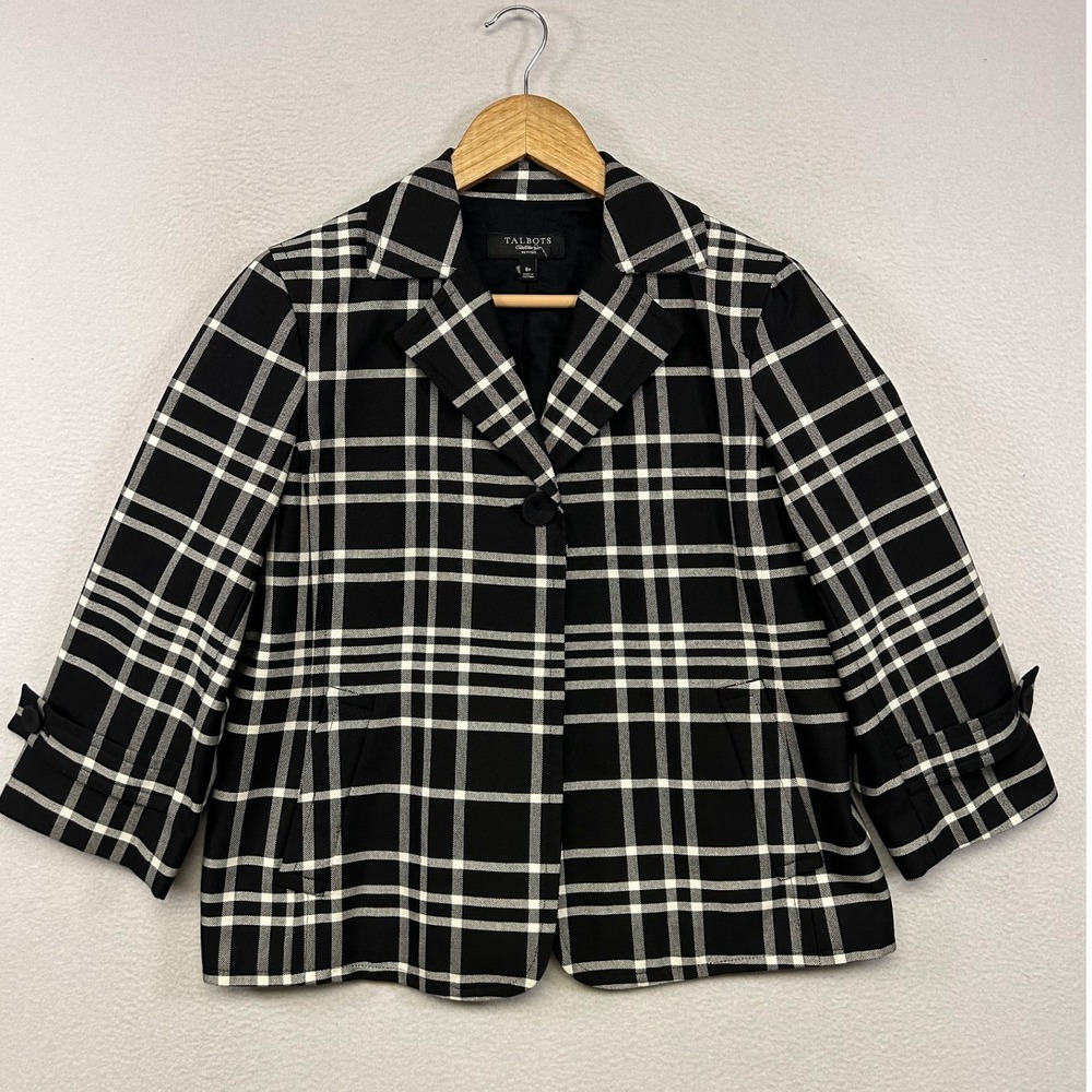 Office Career Talbots Womens 8P Black White Plaid Cotton Blend One Button Blazer